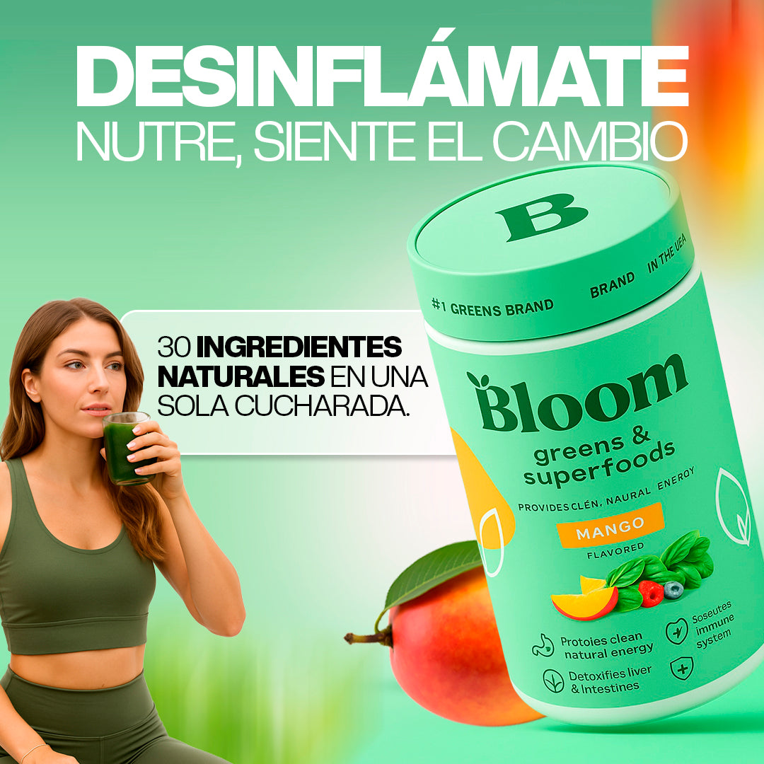 Bloom Nutrition Greens & Superfoods Powder- Polvo de mango superalimento verde Bloom Nutrition